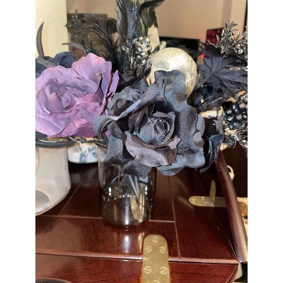 Gothic Black & Purple Rose Bouquet with Skull Accent Halloween Decor - Picture 1 of 11